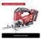 'Red jigsaw with black handle and accessories, suitable for Einhell machines, presented on a white background.'