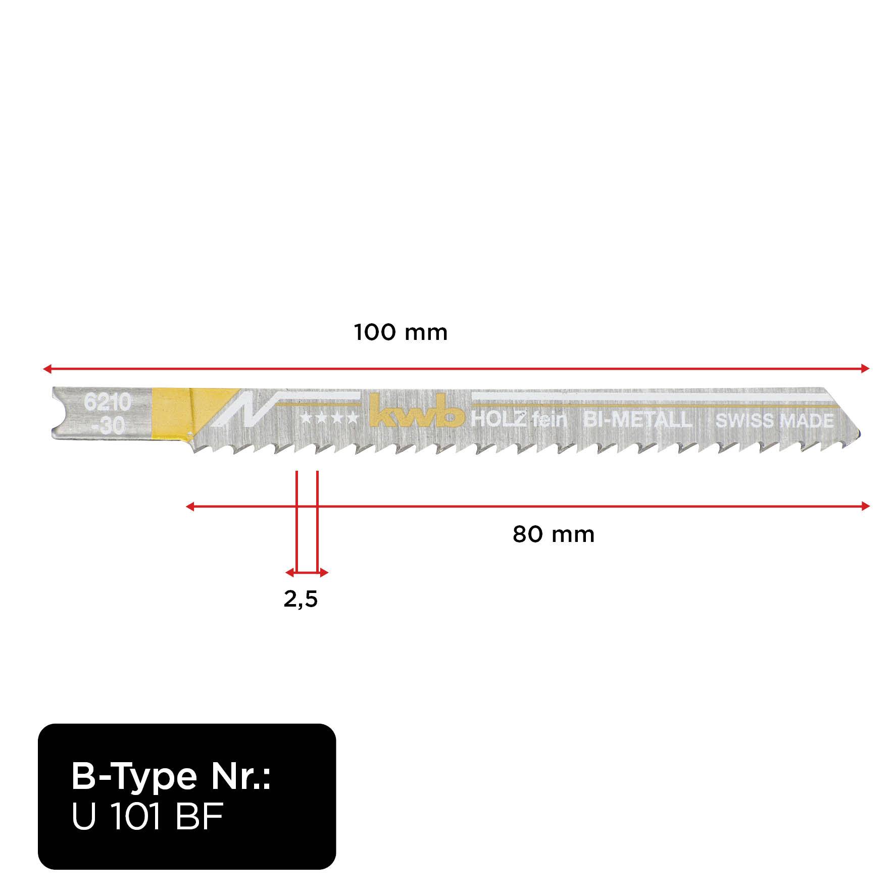 'Jigsaw blade 6210, 30 teeth, for wood and metal, length 100 mm, tooth pitch 80 mm, width 2.5 mm, type U 101 BF, Swiss Made.'