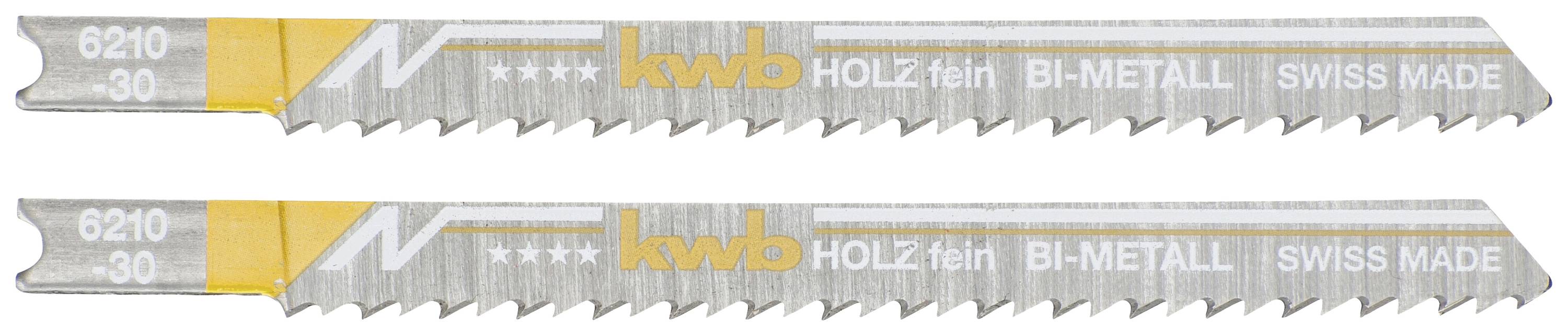 Two metal saw blades with the inscription 'Fine Wood', 'BI-METAL', and 'SWISS MADE', suitable for precise wood cutting.