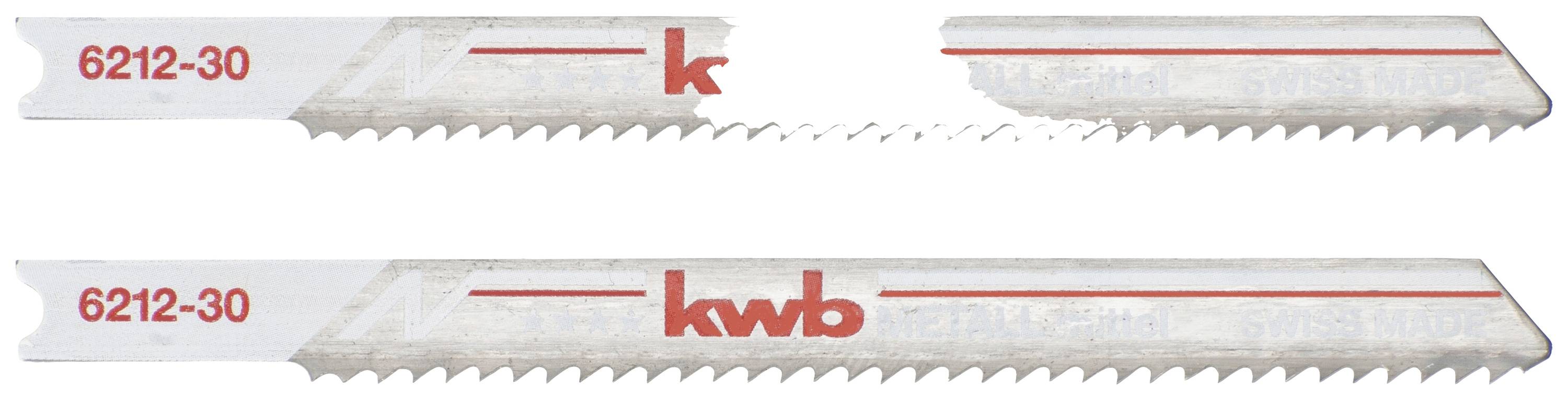 Two metal saw blades with red inscription '6212-30' and 'kwb', suitable for fine, precise cuts in metal surfaces.