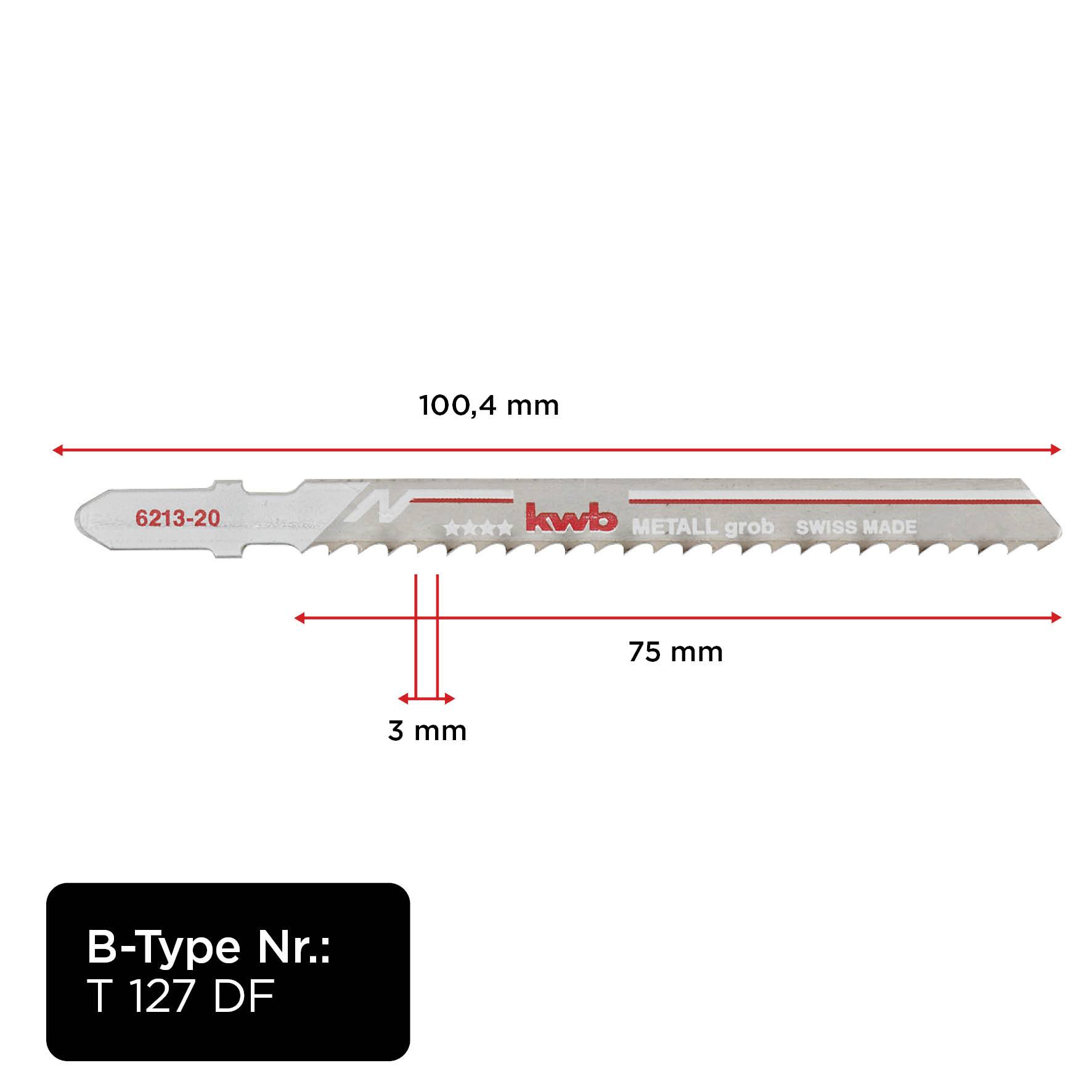 Sabre saw blade with the inscription 'kwb METAL coarse SWISS MADE'. Length 100.4 mm, width 3 mm, teeth for metalworking. Type B No.: T 127 DF.