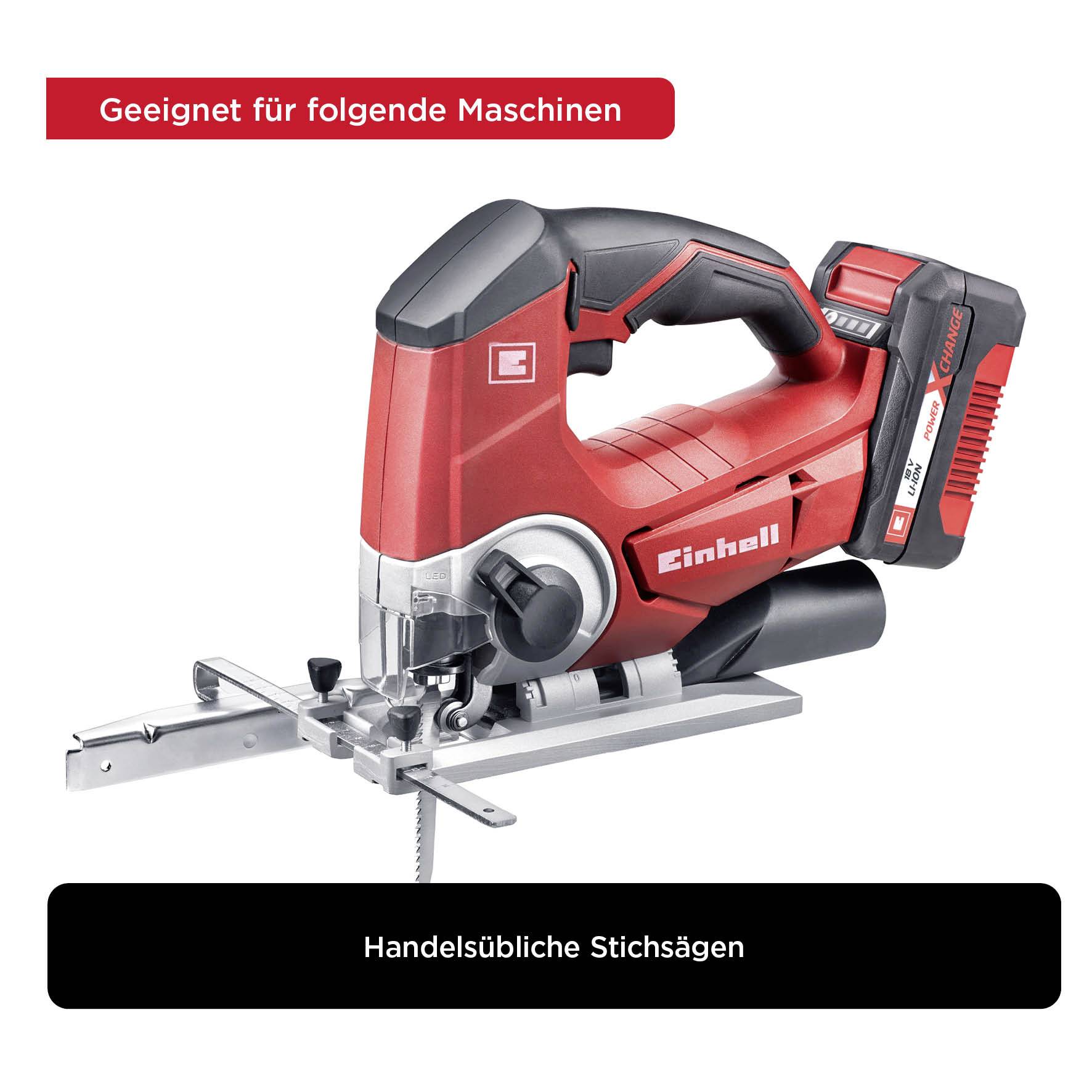 Image of a red and black jigsaw from the Einhell brand with the caption 'Suitable for the following machines: Standard jigsaws'.