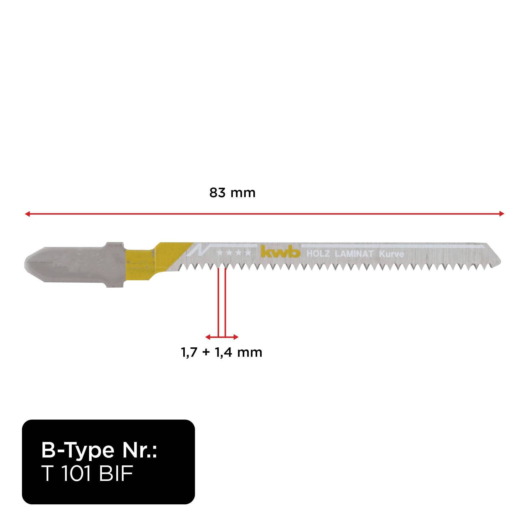 Saw blade for wood and laminate, length 83 mm, width 1.7 mm + 1.4 mm. Model number: T 101 BIF.