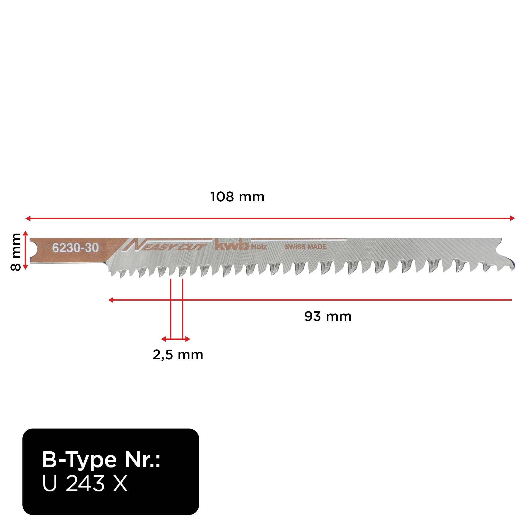 Saw blade with 16 teeth, length 108 mm, width 8 mm. Models 6230-30 and B-Type No.: U 243 X, suitable for wood.