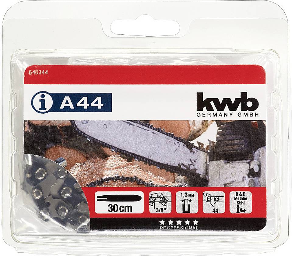 Packaging for a KWB saw chain, 30 cm in length, compatible with specific chainsaw models. Includes compatibility details.