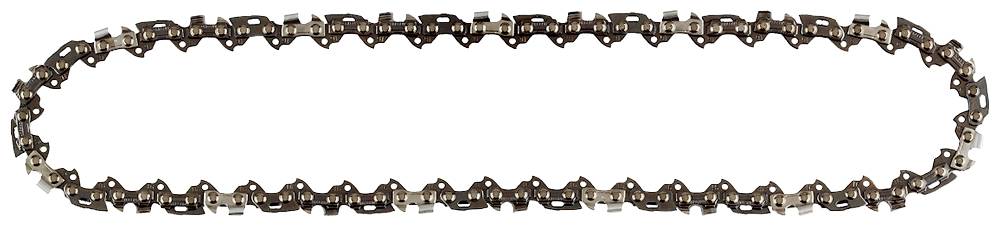 A chainsaw chain in an oval shape, lying on a white background, consisting of a series of mobile cutting links.