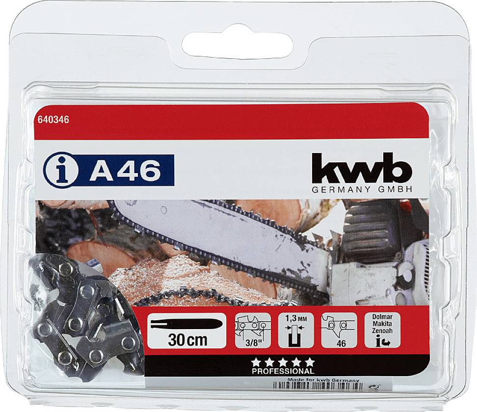 Packaging for a chainsaw chain with the label 'A46', 30 cm, 3/8", 1.3 mm. Includes an image of a chainsaw and brand logo.