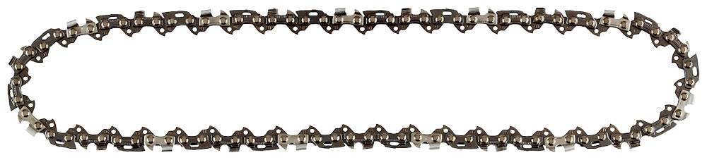 A chainsaw chain in an oval configuration, consisting of metal links with sharp teeth for cutting wood.