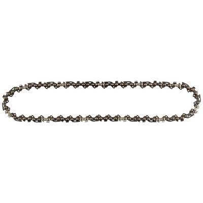 Chainsaw chain in an oval configuration. It comprises sharp cutting teeth, evenly distributed and connected by metal links.