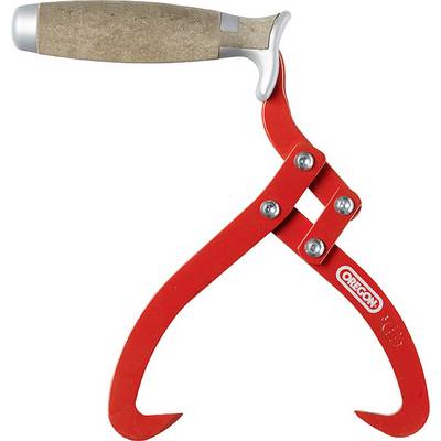 A red wooden grab with two hooks and a wooden handle, used for moving tree logs.