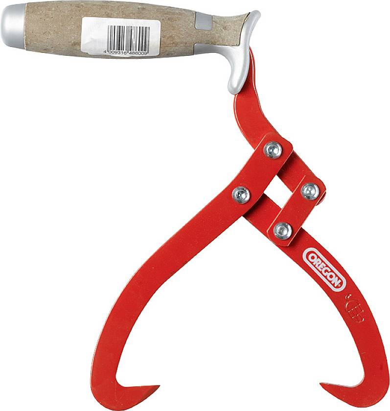 Red wooden log tongs with hook and wooden handle, suitable for lifting and carrying tree trunks, brand name on the right side of the tool.