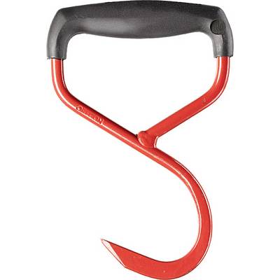 A red wooden grabber with a black, ergonomic handle. The grabber has a hook-shaped tip suitable for lifting logs.
