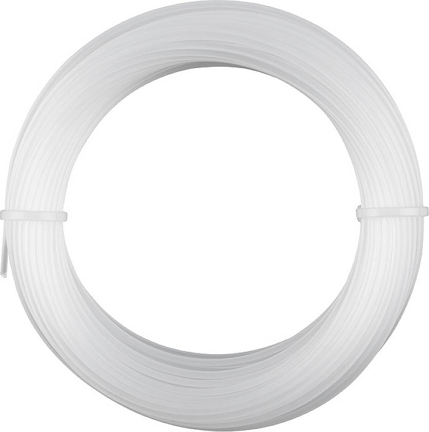 A roll of white plastic tubing, evenly wound, against a neutral background.
