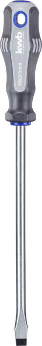 A long, flat screwdriver with a grey handle and blue accent. The handle has an ergonomic shape for better grip.
