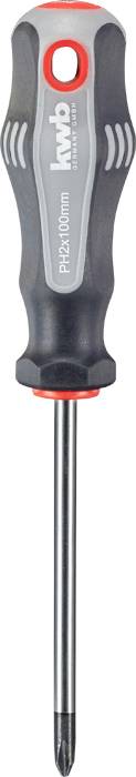 Cross-head screwdriver with a black handle and red accent, with brand and size printed on the handle.