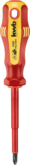 An isolated screwdriver with a yellow-red handle and black tip, suitable for electrical work, brand Wiha.