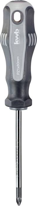 A screwdriver with a grey handle and metal tip, with 'PZ2 Premium, kwb Germany' written on the handle. Suitable for cross-head screws.