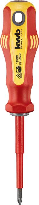 Screwdriver with a red, ergonomic handle and yellow marking, designed for electrical work up to 1000 volts.