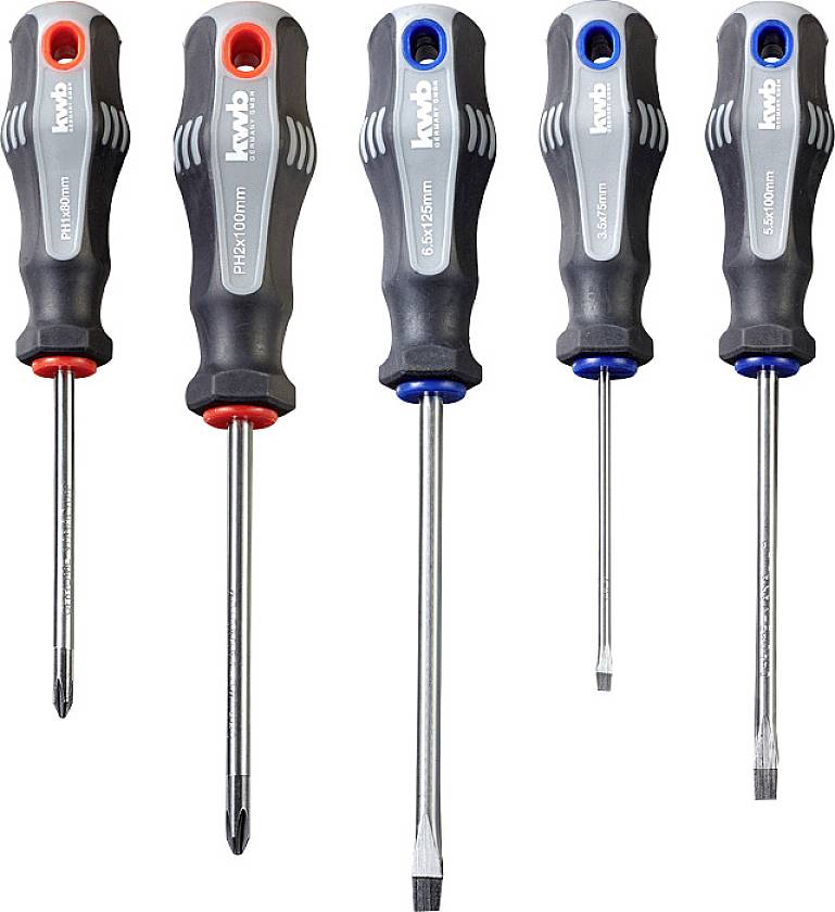 Five screwdrivers with different heads and sizes, suitable for various screw types, standing upright.