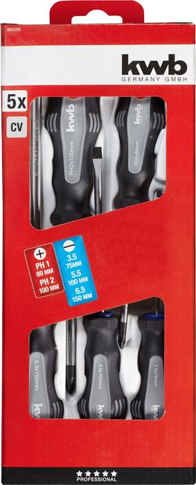 'Set of 5 screwdrivers by KWB, various sizes, suitable for PH1 and PH2 screws, professional, packed in red.'