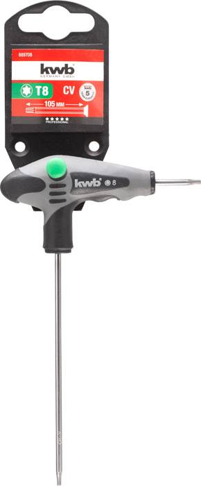 A T8 Torx screwdriver by KWB with a grey handle and green accent, attached to a packaging holder.