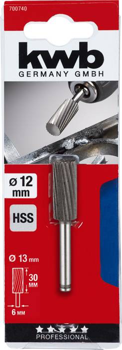 'Milling cutter Ø 12 mm, HSS, for metal machining. Product packaging with tool image. Brand: KWB Germany GmbH.'