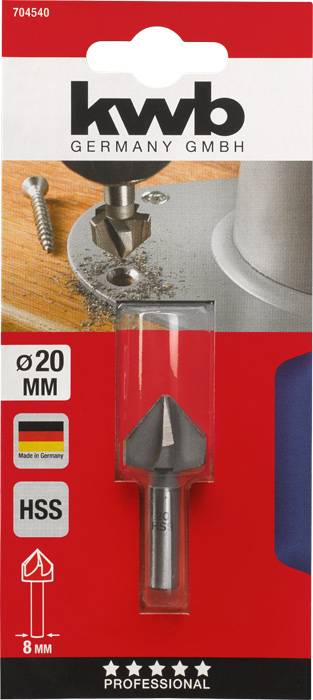 'KwB 20mm HSS Professional Countersink' in the packaging, showing the tool and a photo of its application on metal.