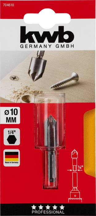'Kwb Germany GmbH' packaging with 10 mm countersink drill bit, screw illustrated. Suitable for precise drilling and countersinking.