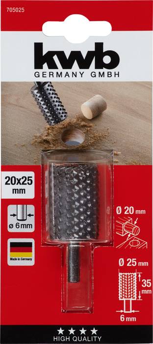 A red and black packaging displays a cylindrical milling bit with a diameter of 20 mm and a length of 25 mm.