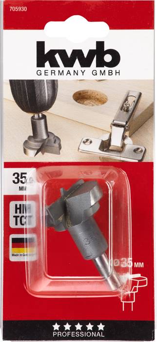 'kwb GERMANY GMBH' Hole Saw Set with a 35 mm Cutter. Packaging shows cutter application on a cabinet door. Includes product image and company logo.