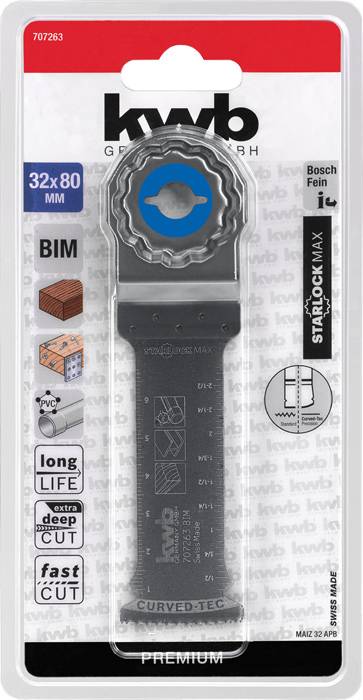 Packaging for a saw blade with BIM teeth, suitable for stone, plastic, and wood. Dimensions and application tips are illustrated.
