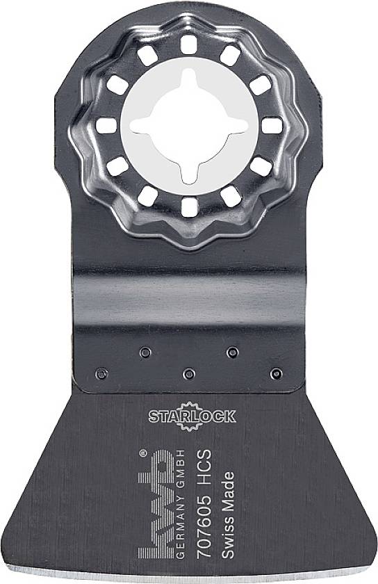 A black and silver Starlock saw blade by kwb Germany, Model 707605 HCS, manufactured in Switzerland, for oscillating tools.