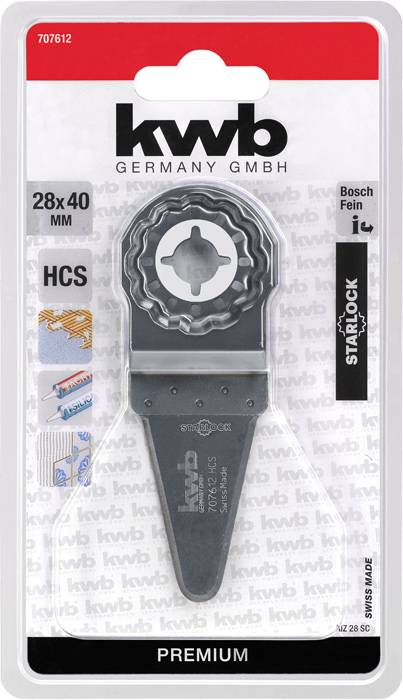 Packaging of a KWB Starlock saw blade, 28x40 mm, compatible with Bosch and Fein devices, made of HCS material, suitable for woodworking.