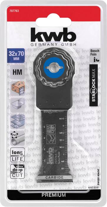 'Saw blade attachment by kwb for Starlock Max with HM coating, 32x70 mm. Suitable for metal and wood, long service life.'