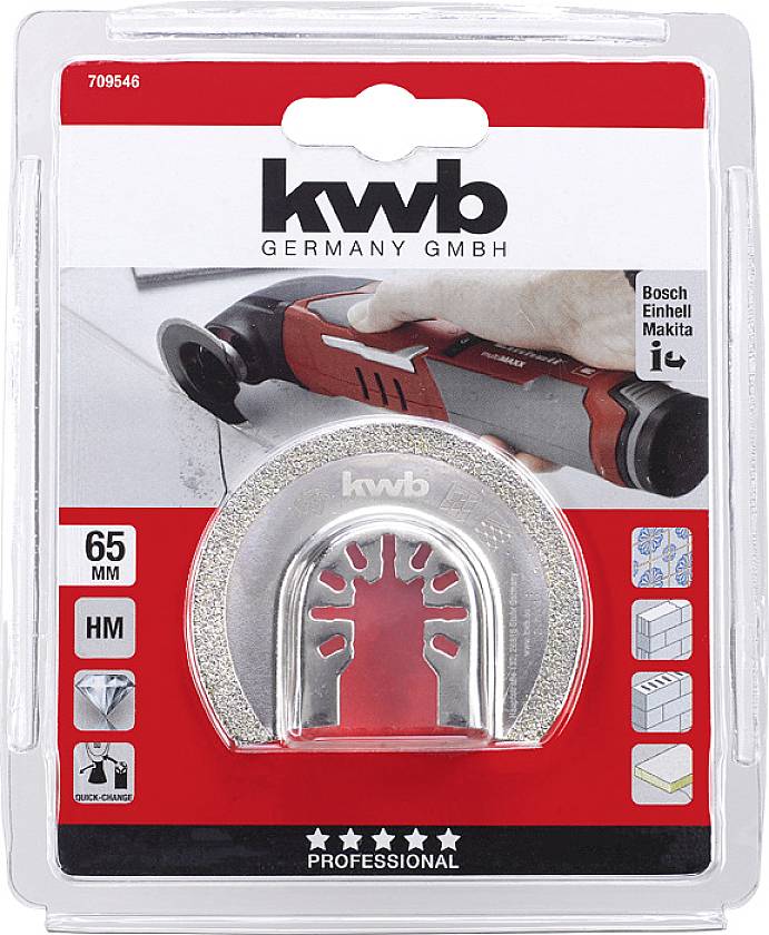 Saw Blade for Multitool in Packaging. 65 mm, Compatible with Bosch and Makita. Applications: Tiles, Wood, Plasterboard.