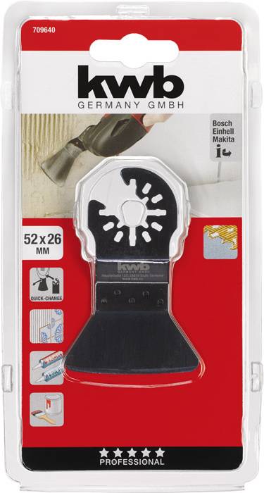 Packaging for a KWB multi-tool with accessories. Compatible with Bosch, Einhell, Makita. Dimensions: 52x26mm. Suitable for wood, plastic, metal.