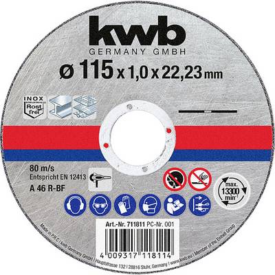 kwb cutting disc, 115 mm diameter, 1.0 mm thick, 22.23 mm bore. Maximum speed 80 m/s, suitable for stainless steel.