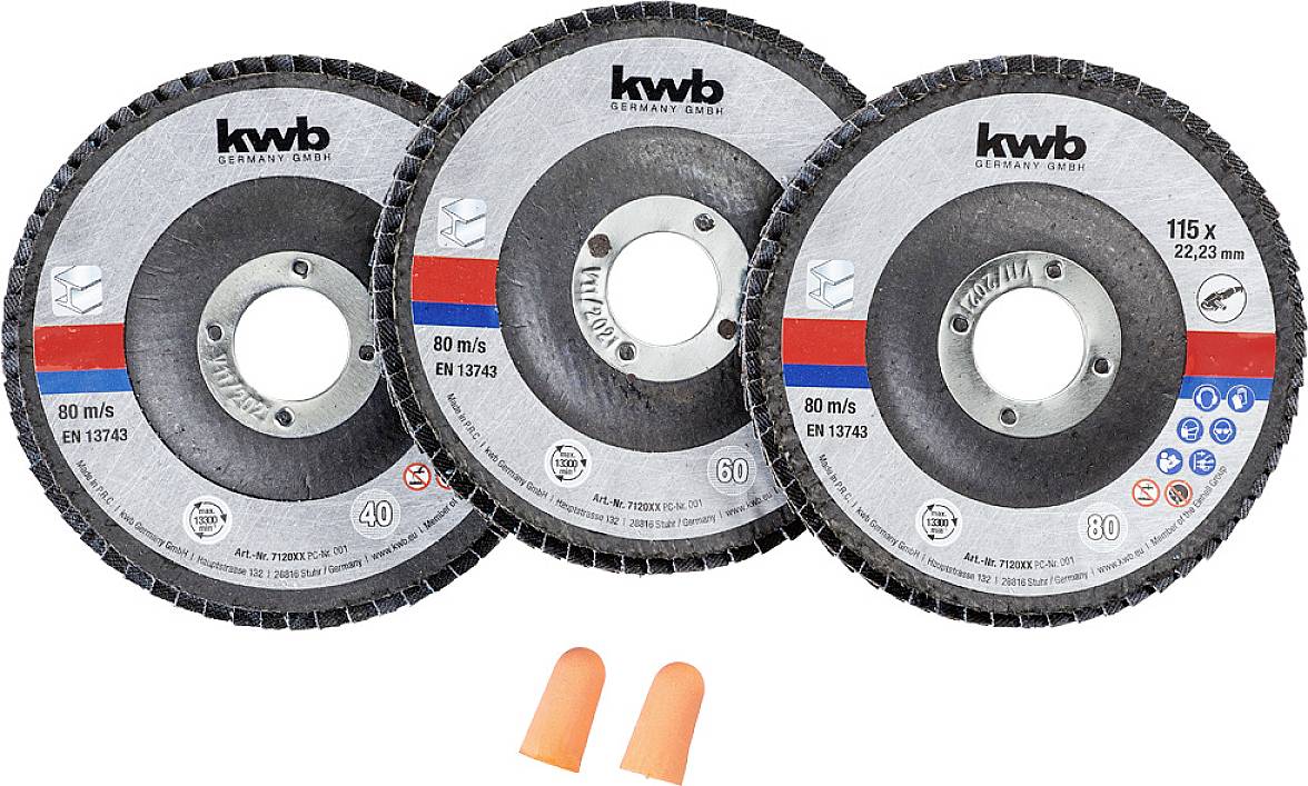 Three grinding discs with different grits (40, 60, 80) against a white background. Two orange earplugs below.