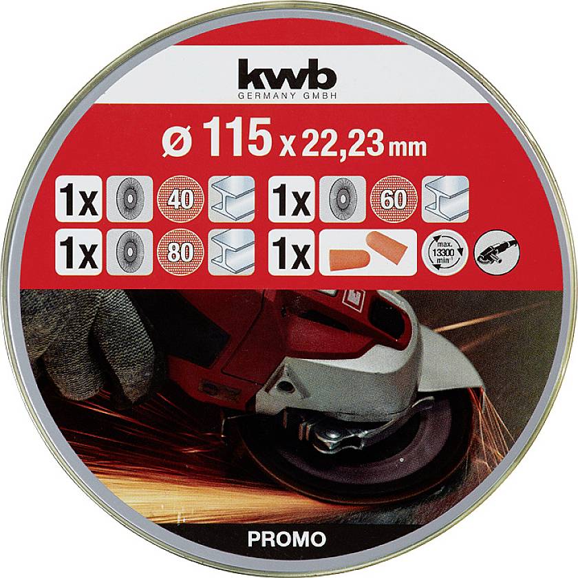 'Grinding disc by kwb Germany GmbH for angle grinder, diameter: 115 mm. Includes 4 different discs. Shown in use.'