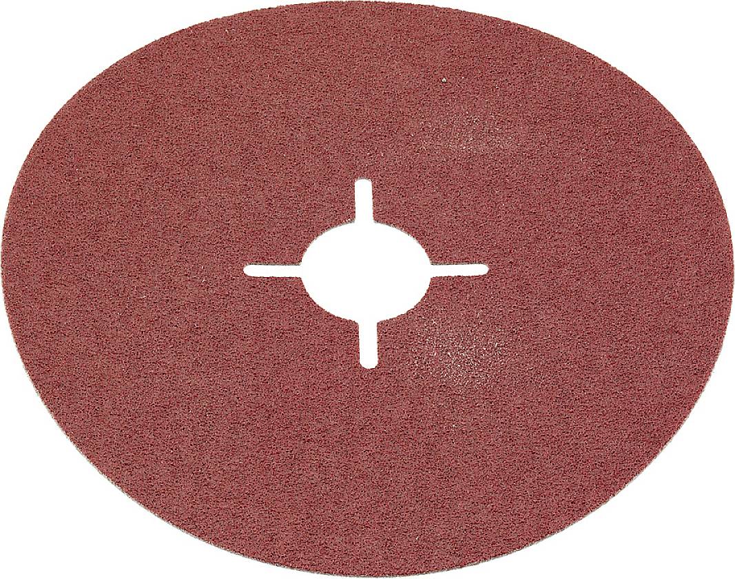 Sanding disc with a central hole and four notches, coloured red, used for grinding various surfaces.