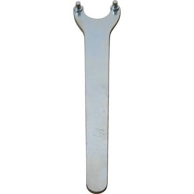 A metal tool with two screws at one end, shaped like a hook spanner, likely used for tightening or loosening nuts.