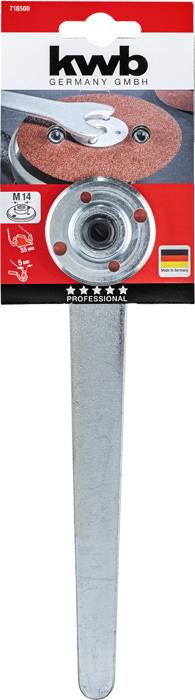 Grinding tool with a red grinding disc and metal mounting, brand 'kwb', suitable for M14, displayed on packaging.