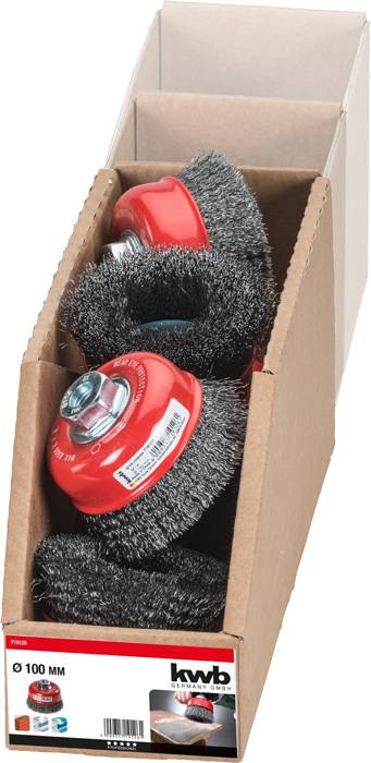 Wire brush attachments with red end caps in an open cardboard box. Packaging displays the 'kwb' logo and size 'Ø 100 mm'.
