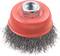 A red-sleeved wire brush with a metal thread for mounting, suitable for cleaning and polishing work on metal surfaces.