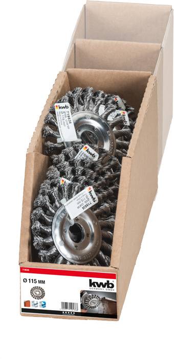 Box of wire brushes for angle grinders, KWB brand, 115 mm diameter, for rust removal and cleaning of metal surfaces.