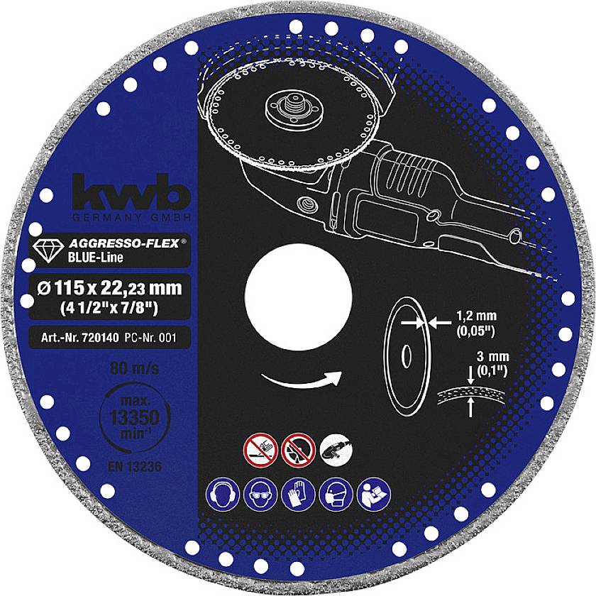 'Cutting disc for angle grinder with 115 mm diameter, suitable for materials up to 13,350 RPM. Diagram shows method of operation.'