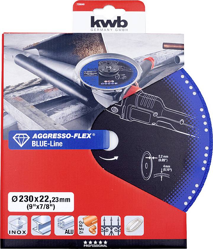 Packaging for a cutting disc, suitable for metal, stainless steel, aluminium and plastics. Diameter: 230 mm x 22.23 mm.