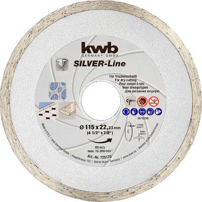'Circular Saw Blade SILVER-Line by kwb Germany, Ø 115 x 22.23 mm. For dry cutting, max. 80 m/s. Suitable for dry and wet cutting.'