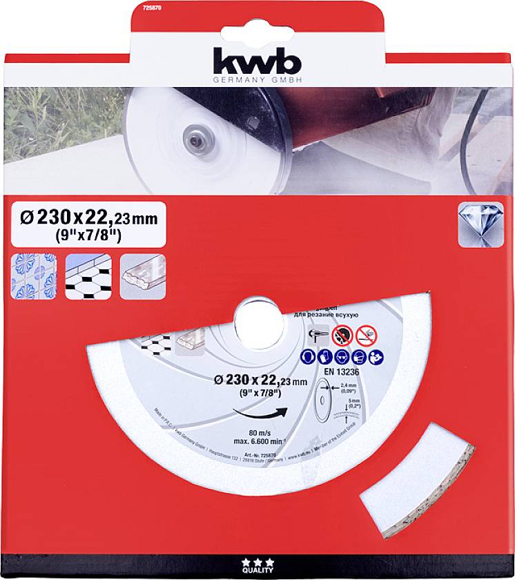 Circular cutting disc in red packaging with the inscription 'kwb GERMANY GMBH'. Suitable for tiles and marble. Size: 230x22.23 mm.