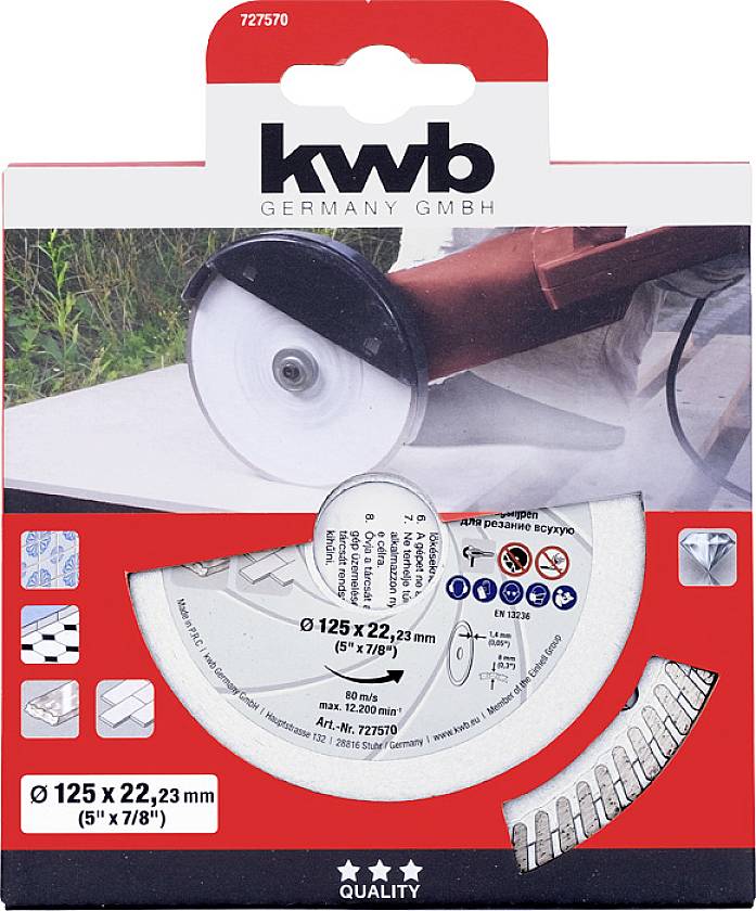 'Saw blade packaging by kwb Germany GmbH; shows a rotating saw blade, suitable for 125 mm diameter and 22.23 mm bore.'